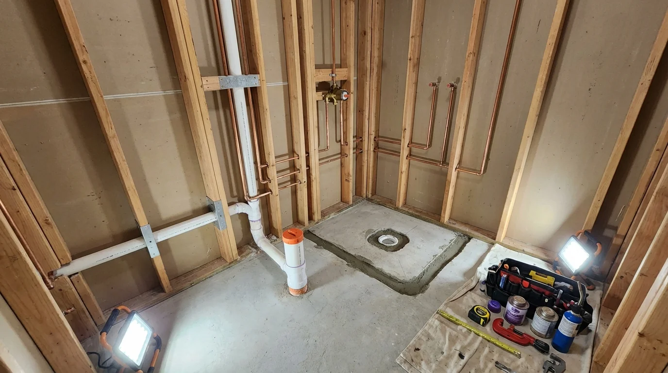 Bathroom rough-in plumbing during remodel by Johns Plumbing LLC in Smithville