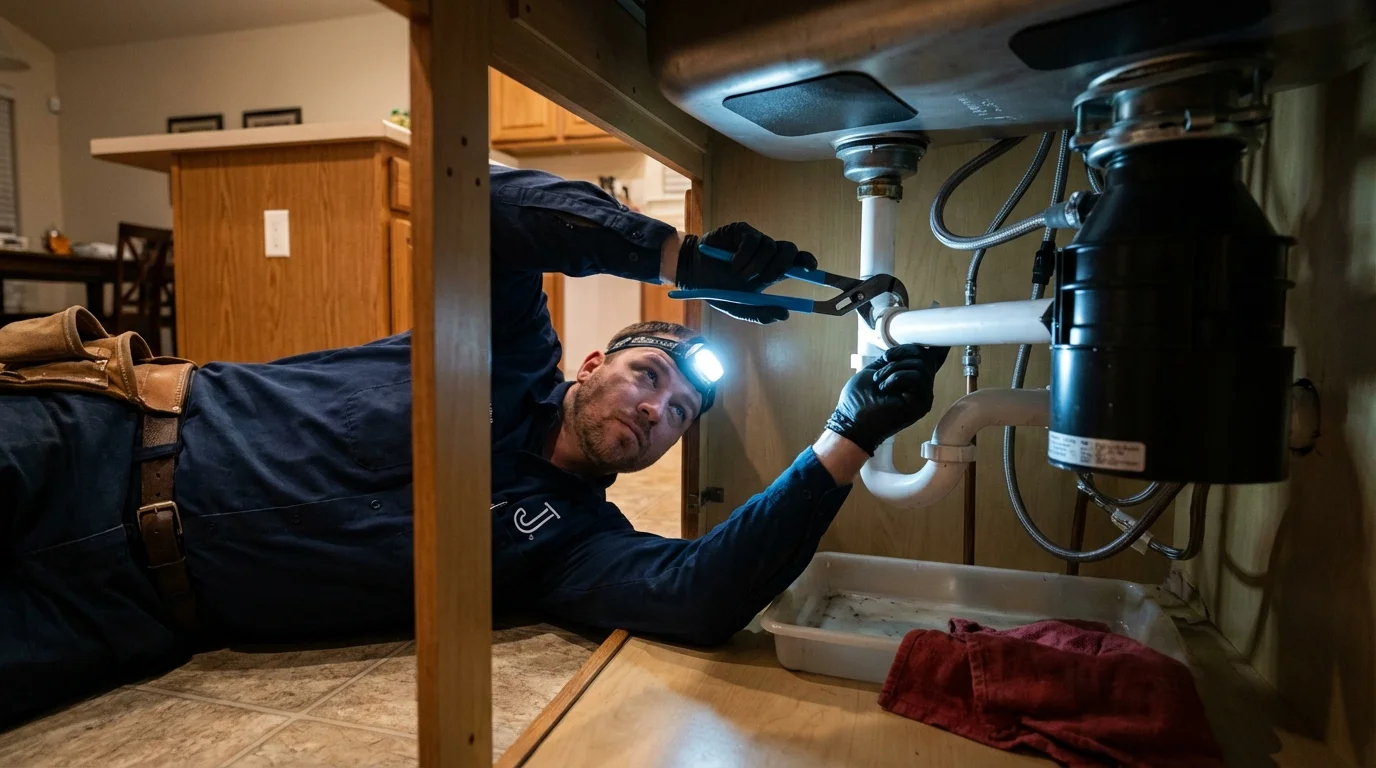P-trap and supply line connections under a kitchen sink showing a common leak point in Smithville, TN